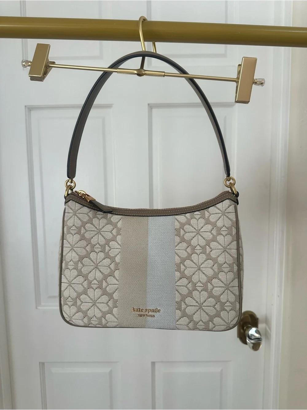 kate spade Beige and Cream Jacquard Shoulder Bag with Center Stripe